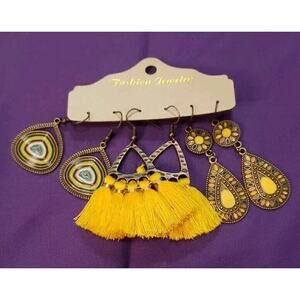 Three Pairs Dangle Earrings BOHO Western Style Yellow & Bronze Tone